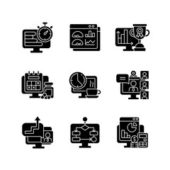 Online work monitoring black glyph icons set on white space. Data evaluation for professional management. Work monitoring tools for efficiency. Silhouette symbols. Vector isolated illustration