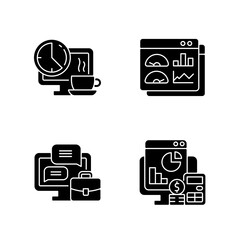 Work tracking black glyph icons set on white space. Coffee, lunch break for employee. Dashboard with professional data. Work monitoring tools. Silhouette symbols. Vector isolated illustration