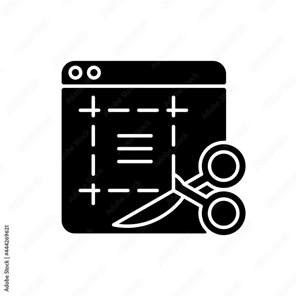 Poster screen sampling black glyph icon. display with web page and cut text. scissors tool for sharing info