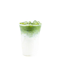 Iced Matcha green tea latte isolated on white background.