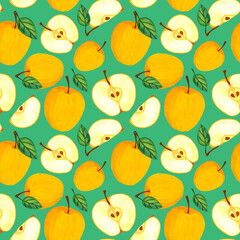 Yellow apple seamless pattern. Watercolor juicy golden apples with leaves and seeds on green pastel background. Fresh harvest illustration for wrapping paper, wallpaper, print. Sliced garden fruit