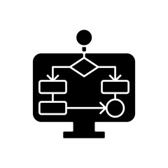 Task schemes black glyph icon. Presentation for business project. Research report remotely. Document on computer. Work monitoring. Silhouette symbol on white space. Vector isolated illustration