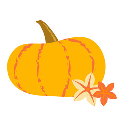 Orange flat pumpkin with green stripes and big tendril. Autumn vector illustration for thanksgiving day designs, halloween party. Eco food element for logo, poster, festival banner. EPS10