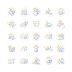 Surfing gradient linear vector icons set. Recreational activity. Catching waves and learning tricks. Surf zone. Thin line contour symbols bundle. Isolated vector outline illustrations collection