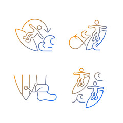 Extreme water sport gradient linear vector icons set. 360 surfing maneuver. Wearing surfboard leash. Catching waves. Thin line contour symbols bundle. Isolated vector outline illustrations collection