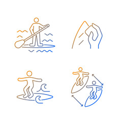 Riding waves in ocean gradient linear vector icons set. Paddle board surfing. Surfboard wax. Noseriding technique. Thin line contour symbols bundle. Isolated vector outline illustrations collection