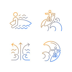 Riding wave using board gradient linear vector icons set. Entering water. Floater technique. Rip currents. Big wave. Thin line contour symbols bundle. Isolated vector outline illustrations collection