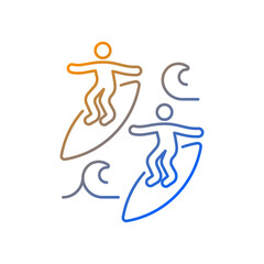 Surfing with mate gradient linear vector icon. Catching waves with surf coach, experienced friend. Joining surf club. Thin line color symbols. Modern style pictogram. Vector isolated outline drawing