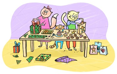 Obraz premium Cartoon illustration of cats family at home wrapping Christmas gift boxes and gingerbread cookies into present paper and bags. Little kitty trying to reach a cake on the table. Holiday preparations.