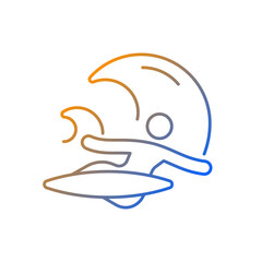 Fototapeta premium Backhand bottom turn in surfing gradient linear vector icon. Performing fundamental manoeuvre. Backside turn. Thin line color symbols. Modern style pictogram. Vector isolated outline drawing