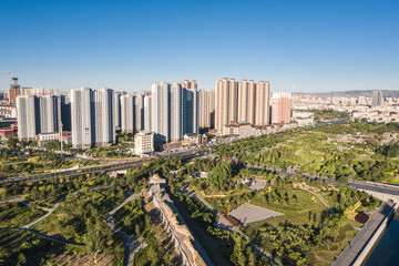 Aerial view of Datong modern cityscapes in Shanxi Province, China