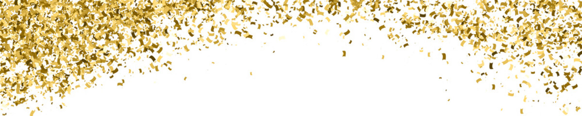 Gold Glitter Texture On White. Horizontal Long Banner For Site.Panoramic Celebratory Background. Golden Explosion Of Confetti. Vector Illustration, Eps 10.