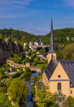 Aerial vertical view of Luxembourg-City lower town with park and Neumünster abbey