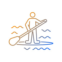 Paddle board surfing gradient linear vector icon. SUP surfing. Upper body training. Require balance, coordination. Thin line color symbols. Modern style pictogram. Vector isolated outline drawing