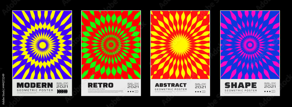 Aufkleber set of abstract psychedelic backgrounds. modern geometric ornament poster. sun rays and firework sig