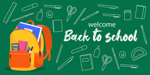 Fototapeta na wymiar Back to school web banner, illustration of a bright school backpack with school items and elements. Student bag with class items and inscription. Vector banner design.
