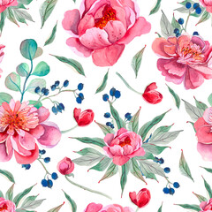 Peony Seamless Pattern floral pattern with peonies on light background, watercolor.