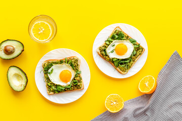 Toasts with avocado and fried eggs. Healthy breakfast