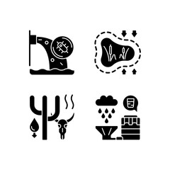 Worldwide rising water demand black glyph icons set on white space. Water contamination. Disappearing wetlands. Animals extinction. Rainwater recycle. Silhouette symbols. Vector isolated illustration