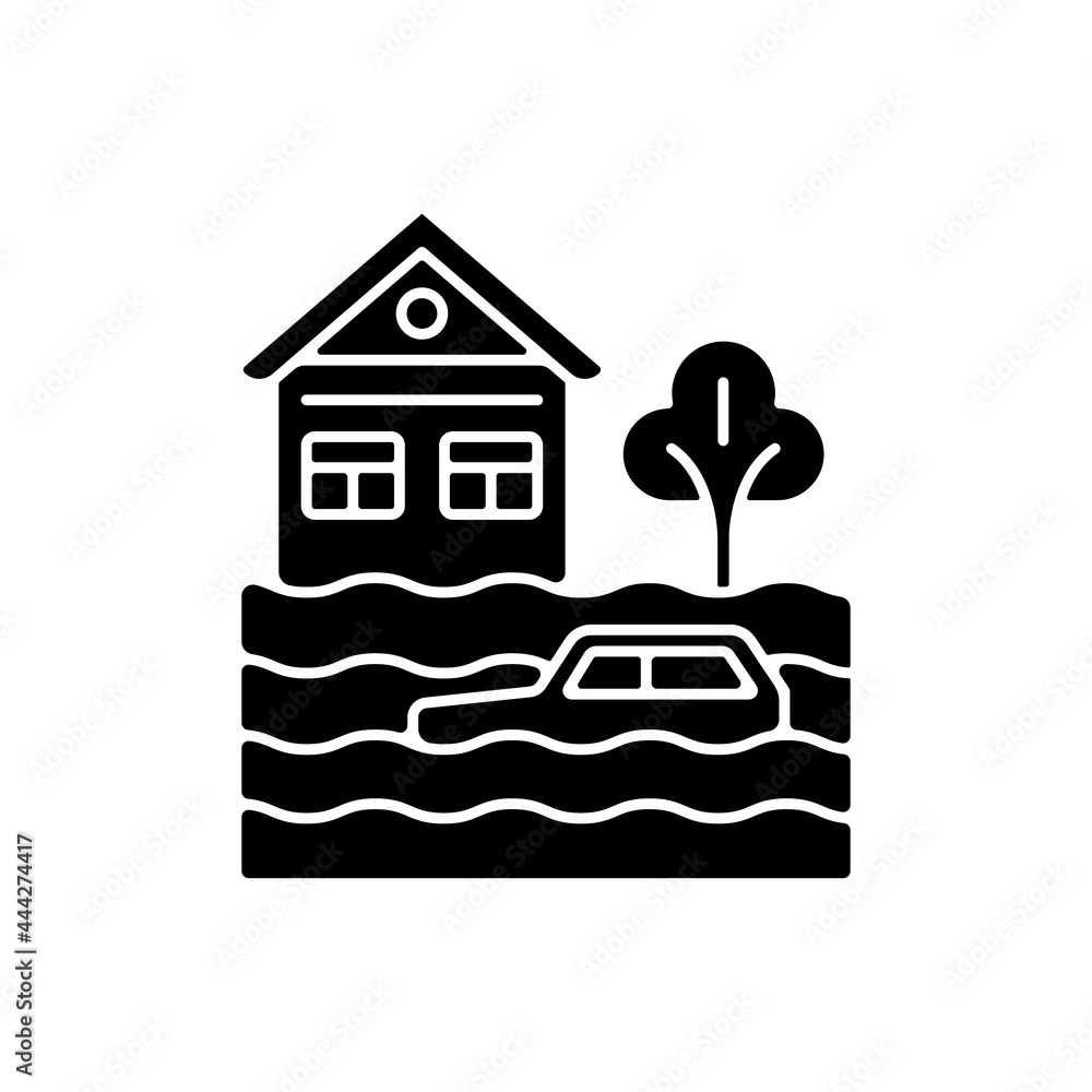 Poster floods black glyph icon. water-related disaster. negative impacts on environment. life and property 