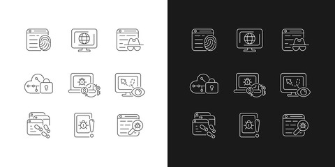 Online behavior monitoring linear icons set for dark and light mode. Digital footprints. Cyberspace. Customizable thin line symbols. Isolated vector outline illustrations. Editable stroke