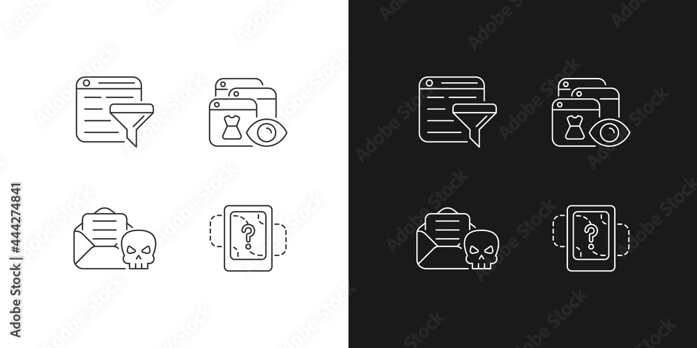 Poster network surveillance linear icons set for dark and light mode. filter bubble. online behavioral trac