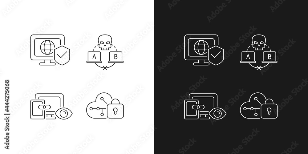 Poster internet privacy linear icons set for dark and light mode. network security. sniffing attack. cross-