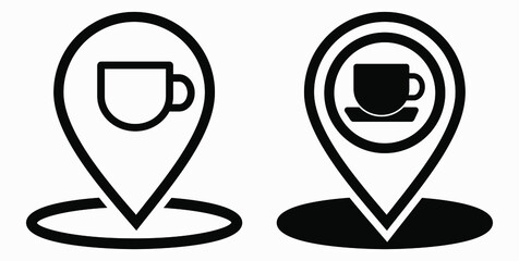 Location of the cafe. GPS and cup. Point on the recreation map. Restaurant icon. Vector icon.