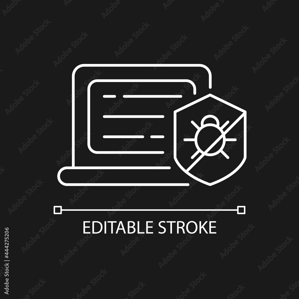 Poster antivirus software white linear icon for dark theme. anti-malware. digital virus detection, removal.