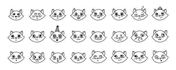 Emoticons outline. Emoji faces emoticon funny smile line black icons expression smiley facial cat humor mood, flat vector isolated set.