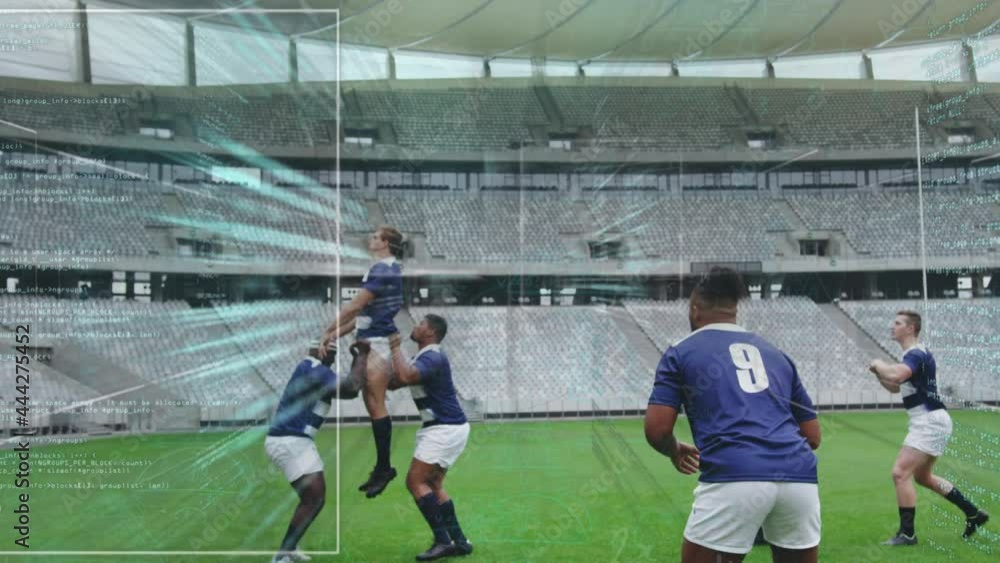 Poster animation of data processing over rugby players on field