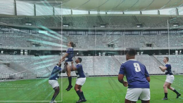 Animation of data processing over rugby players on field