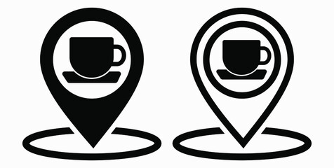 Location of the cafe. GPS and cup. Point on the recreation map. Restaurant icon. Vector icon.