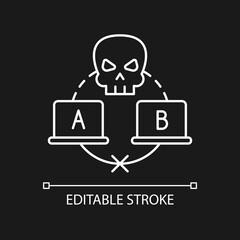 Sniffing attack white linear icon for dark theme. Illicitly data capturing and decoding. Thin line customizable illustration. Isolated vector contour symbol for night mode. Editable stroke