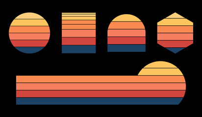 Vintage sunset collection in 70s 80s style. Regular and distressed retro sunset set. Five options with textured versions. Circular gradient background. T shirt design element. Vector illustration,flat © Tasha Vector