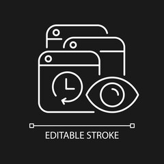 Tracking search history white linear icon for dark theme. Private browsing activity trailing. Thin line customizable illustration. Isolated vector contour symbol for night mode. Editable stroke