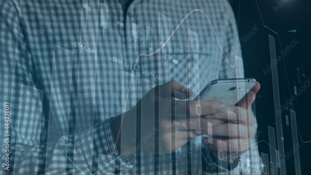 Poster animation of statistics and financial data processing over man using smartphone