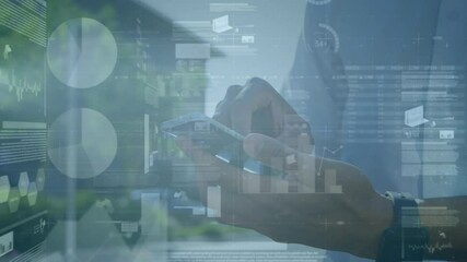Animation of statistics and financial data processing over man using smartphone - Powered by Adobe