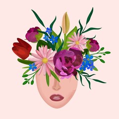 Different Flowers Peony tulips gerbera forget-me-not and some leafs growing form Woman's Head in watercolor - free your mind