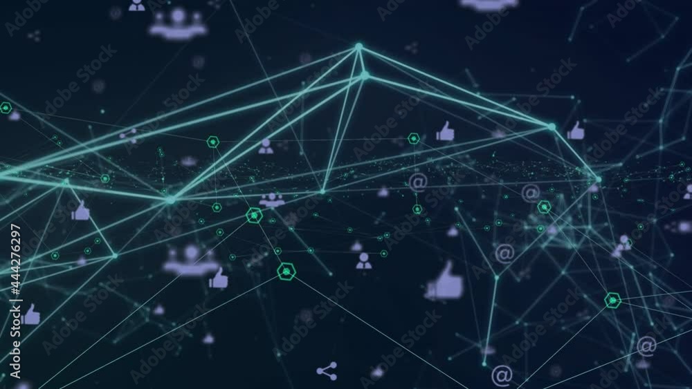 Aufkleber animation of networks of connections with icons on dark background