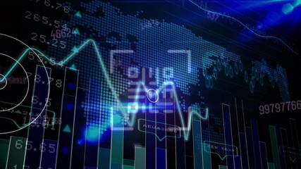 Animation of data processing and qr code over graphs and information, on black background - Powered by Adobe