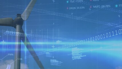 Animation of financial data processing and binary coding over wind turbine - Powered by Adobe