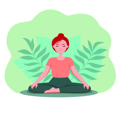 Yoga in the lotus position. Girl doing meditation. Plant's green background. Flat design illustration.
