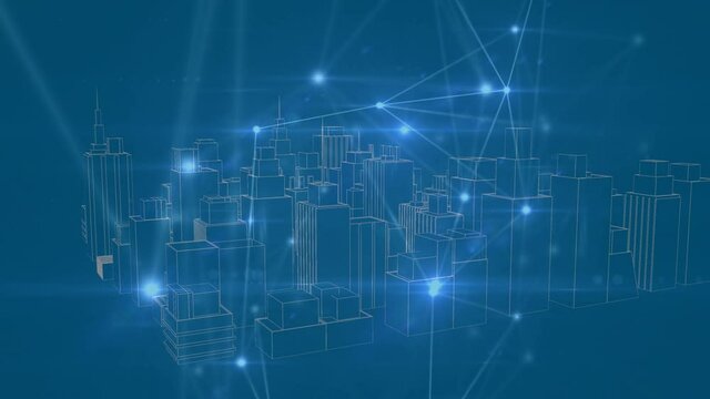 Animation of networks of connections and 3d city drawing on blue background
