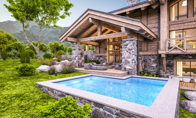 3d rendering of modern cozy chalet with pool and parking for sale or rent.  Massive timber beams columns. Beautiful forest mountains on background. Clear summer evening with cozy light from window
