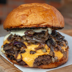 cheeseburger with caramelized onion on blurred background