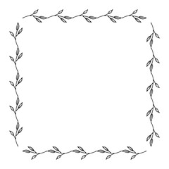 Square frame with cozy black-and-white branches on white background. Doodle style. Vector image.