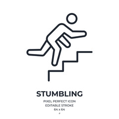 Stumbling man on stairs editable stroke outline icon isolated on white background flat vector illustration. Pixel perfect. 64 x 64.