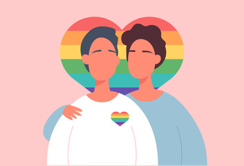 Couple of two gay. Man hug another man. LGBD concept. Free love. Rainbow heart on pink background. Trendy vector illustration for web, app, banner
