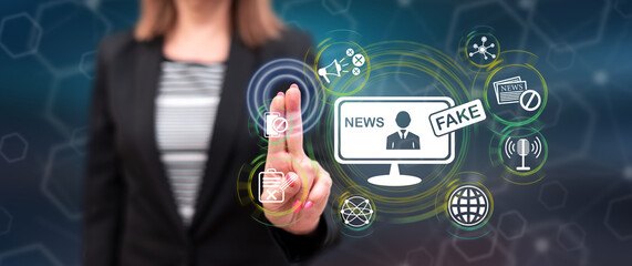 Woman touching a fake news concept